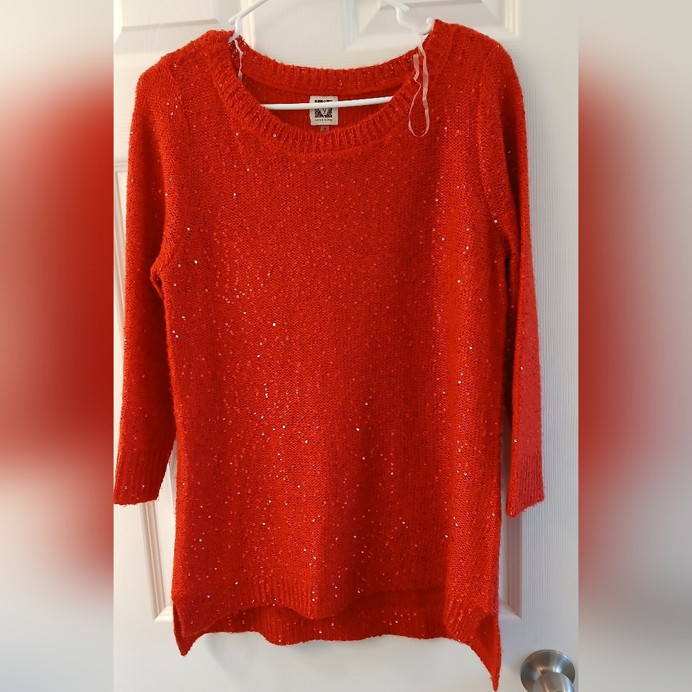 Anne Klein Red Sequin Tunic Sweater – Glam Holiday Vibes, Size M